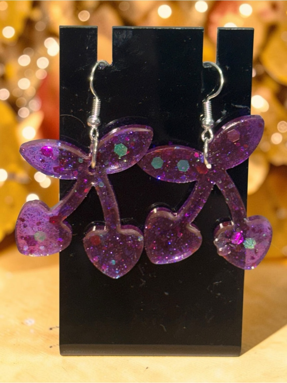 Handmade Purple Glitter Cherry Resin Dangle Earrings - Picture 6 of 6